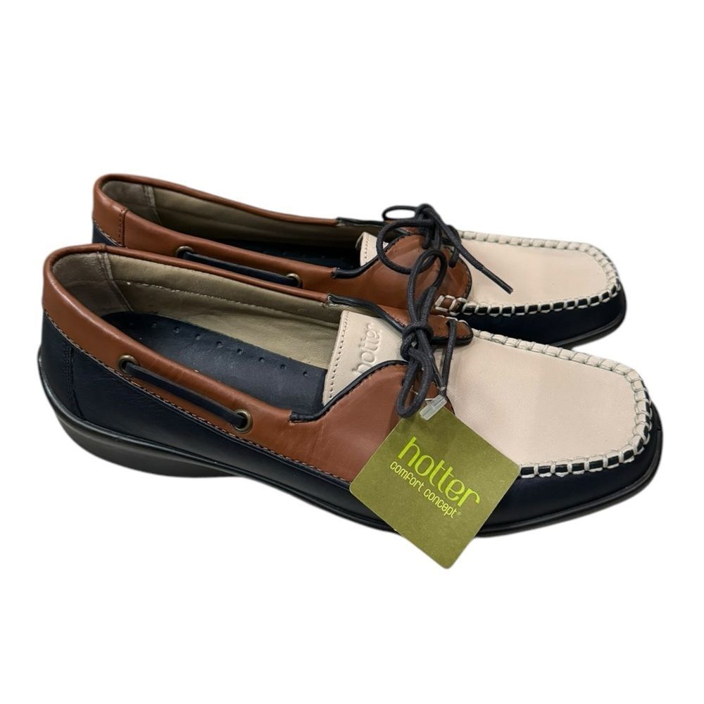 NEW HOTTER Breeze Tan & Navy Leather Women's Moccasin Loafers 6
